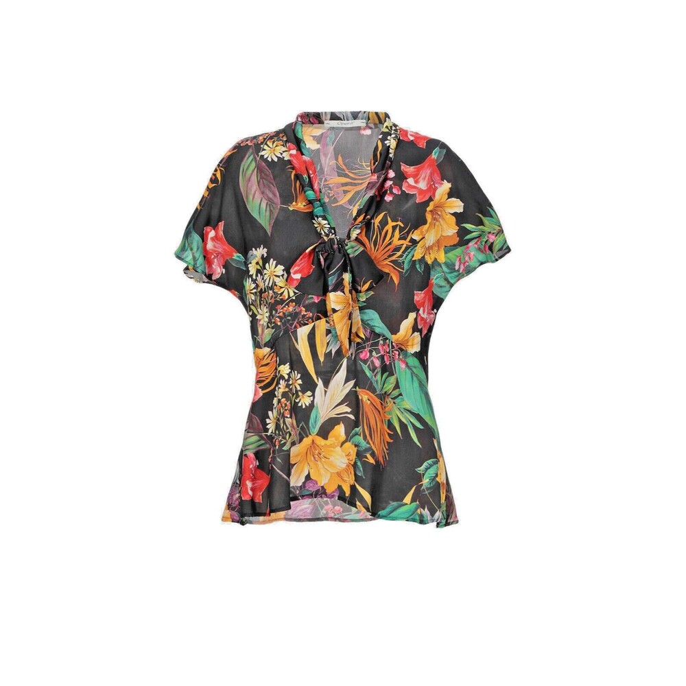 OPERA Women's Black Tropical Floral Blouse SZ 44/M Peplum Top V-Neck Tie Italy